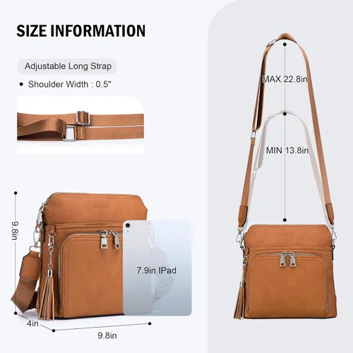 Vista 5 de Bolso cruzado para mujer, ligero, mediano, de cuero suave, bolso de hombro con borla