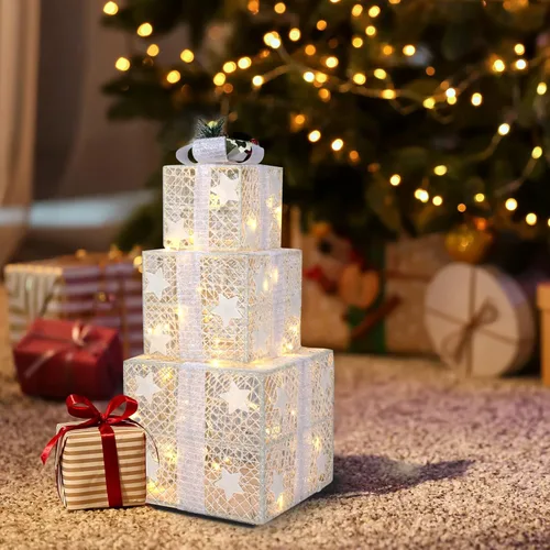 Vista 9 de VINGLI Caja de regalo iluminada roja de 12 pulgadas, muñeco de nieve iluminado, Papá Noel, decoración eléctrica de Navidad, luces LED