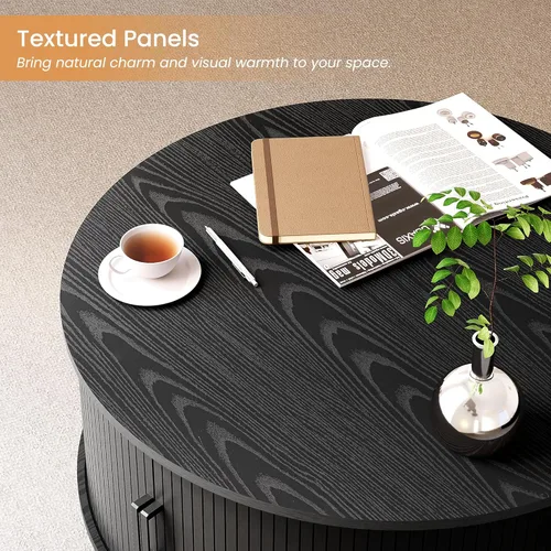 Vista 6 de COSIEST Mesa auxiliar redonda con almacenamiento, mesa de centro negra moderna de 31.5 pulgadas con puerta corredera de 360°, mesa central de madera