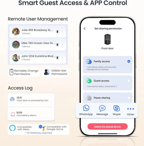 Vista 10 de Veise VE017 Cerradura inteligente de puerta con huella digital, control de aplicación, entrada sin llave 8 en 1, bloqueo automático, puerto