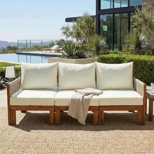 Vista 3 de Juego de 7 muebles de patio al aire libre, juego de sofá modular de ratán para todo tipo de clima con cojines gruesos y almohadas, mesa de centro
