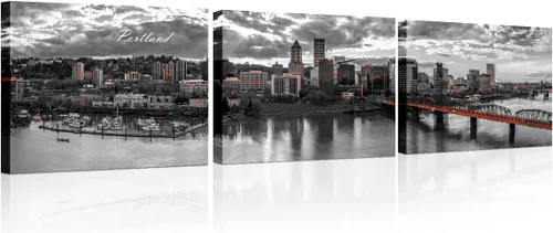 Vista 63 de 3 paneles de Atlanta Skyline vista de la ciudad en blanco y negro, imágenes panorámicas de edificio de ciudad, decoración de pared para sala