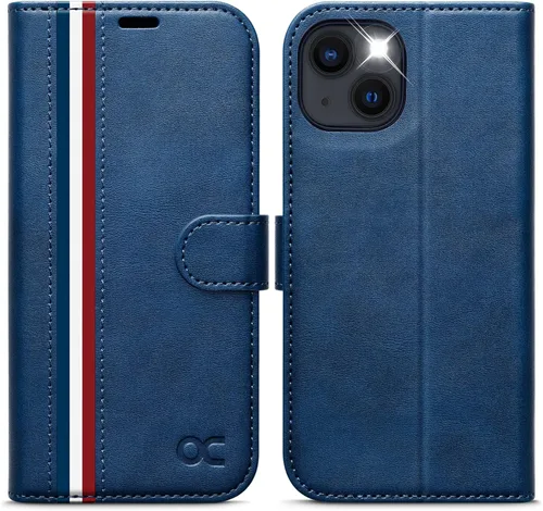 Vista 9 de OCASE Funda tipo cartera compatible con iPhone 13, de piel sintética con tapa tipo folio, con tarjetero, bloqueo RFID, soporte