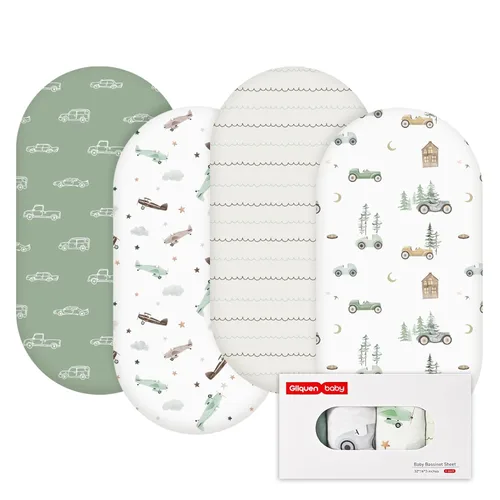 Vista 19 de Gllquen Baby Sábanas para Moisés Paquete de 4, Sábana Ajustable para Colchón Transpirable y Acogedora, Cuna de Viaje Elástica con Patrón de Moda