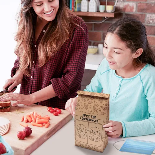 Vista 3 de NIL-Tech - Bolsas de almuerzo de papel desechables para niños, paquete de 50 unidades, divertido saco de papel kraft marrón Bolsas de papel