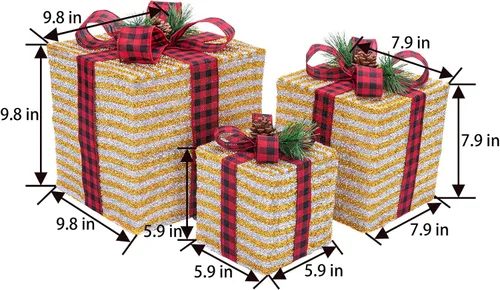 Vista 7 de Sunnyglade Juego de 3 cajas de regalo iluminadas de Navidad de 10 a 8 a 6 pulgadas, cajas de decoración con enchufe, lazos, hojas de pino