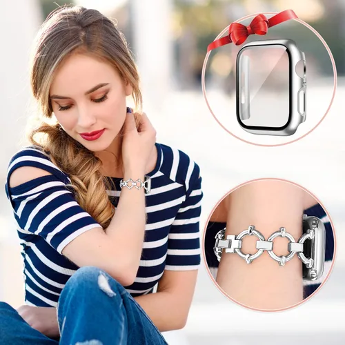 Vista 6 de Correa en forma de anillo compatible con Apple Watch Band de 1.732 pulgadas con protector de pantalla para iWatch Series 6 SE 5 4, correas de metal