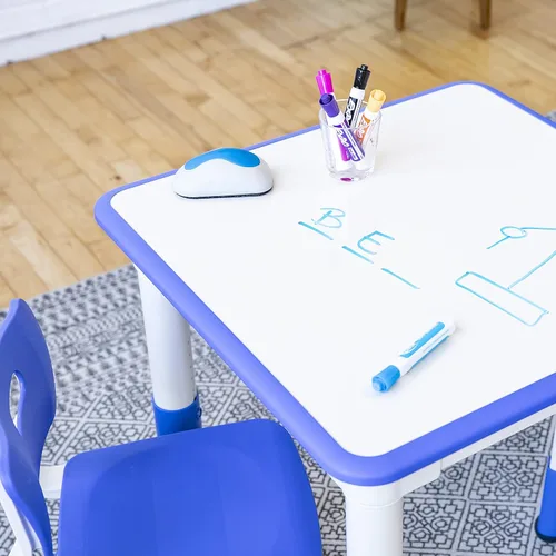 Vista 7 de ECR4Kids Mesa de actividades cuadrada de borrado en seco con 2 sillas, ajustable, muebles para niños, azul