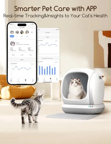 Vista 2 de Meowant Caja de Arena Autolimpiante, Caja de Arena Automática Autolimpiante con Control por APP, 75L Extra Grande Abierta de Entrada Baja Cajas