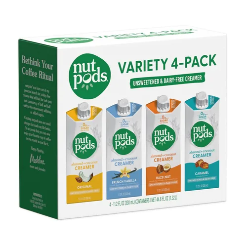 nutpods Paquete variado de crema de café – Crema sin azúcar sin leche – Original, vainilla francesa, avellana y caramelo – Crema Keto Whole30, sin