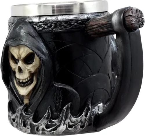 Vista 3 de Ebros Gift Taza de café con mango de guadaña para el Día de los Muertos, diseño de calavera de calavera y cerveza, 14 onzas