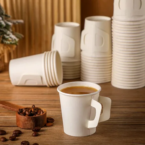 Vista 4 de Funtery 50 unidades de 4 oz tazas de espresso desechables a granel con asas, tazas de papel desechables blancas para café, espresso, té, bebidas