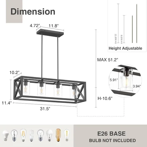 Vista 2 de Espird Lámpara de comedor de granja – Iluminación de isla de cocina de 4 luces con altura ajustable y metal grueso para comedor sobre mesa
