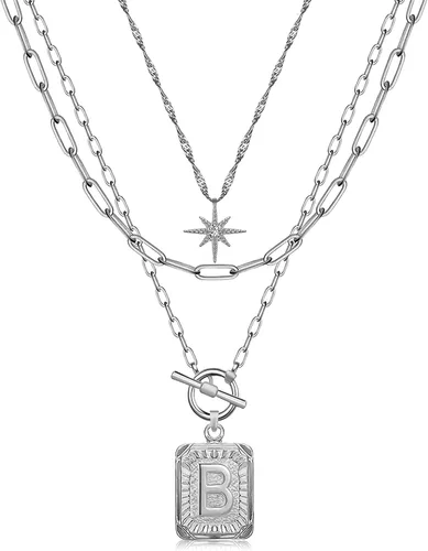 Vista 43 de MJartoria Collares con iniciales en capas para mujer, modernos, chapados en oro de 14 quilates, cadena de papel, collar sencillo con dije de Dorado