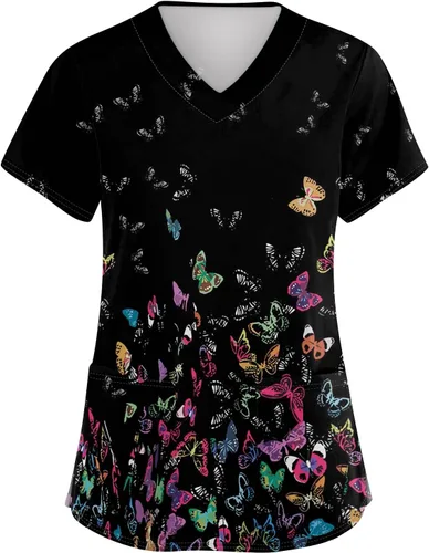 Vista 30 de Camisetas de uniforme médico de Navidad para mujer, talla grande, estampado ##896-Multicolor