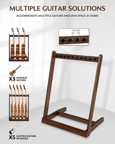 Vista 3 de STRICH SMT-10 - Soporte para guitarras múltiples guitarras, de madera dura para 5 bajo eléctrico o 3 guitarras acústicas, soporte acolchado