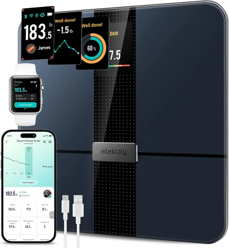 Vista 15 de Etekcity Báscula de baño para peso corporal e IMC, báscula digital Bluetooth mejorada, pantalla de retroiluminación LCD azul grande, medidas de alta