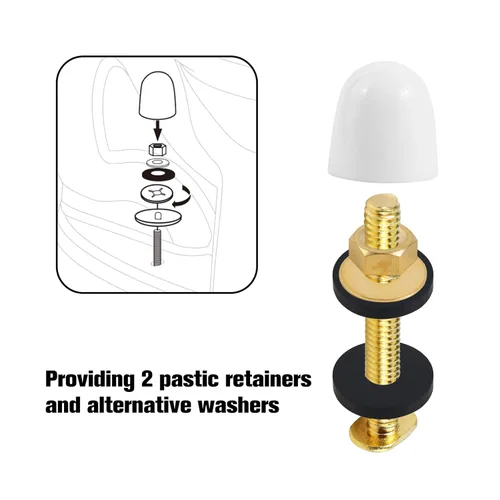 Vista 4 de Kit de tornillos y tapas para suelo de inodoro, pernos universales de latón macizo, 2 pernos de latón, 4 tapas de pernos con tuercas/arandelas