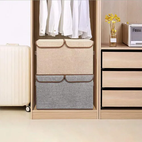Vista 9 de Cajas de almacenamiento con tapas dobles y asas, contenedores plegables de lino, cestas de ropa, cubos con divisor extraíble para el hogar
