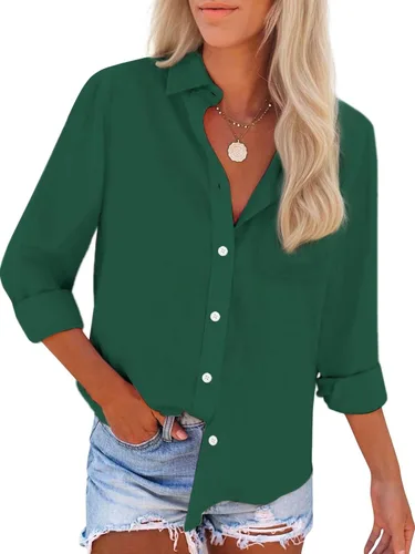 Vista 12 de Camisas de algodón con botones, para mujer, camisas de vestir Oxford, camisas de trabajo de manga larga, blusas con cuello y bolsillo