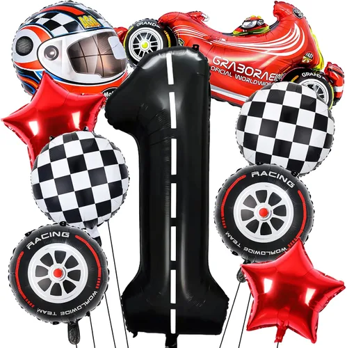 9 globos de auto de carreras, globo negro número uno, globos de aluminio a cuadros para fiesta de primer cumpleaños