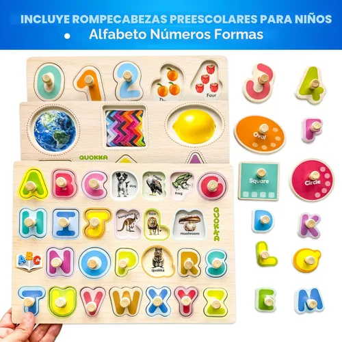 Vista 4 de QUOKKA Rompecabezas de madera para niños pequeños de 1 a 3 – 4 juegos de rompecabezas con clavijas para niños de 2 a 4 años – Juguete de aprendizaje