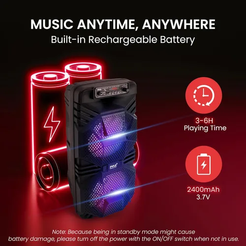 Vista 5 de Pyle Sistema de altavoces PA Bluetooth – Altavoz Bluetooth recargable de 600 W para exteriores, sistema PA portátil con subwoofer dual de 8