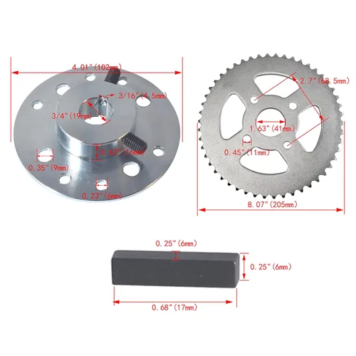 Vista 2 de Buje de piñón de acero Go Kart para taladro de 3/4" y 3/16" kit de hardware de chavetero con cadena 420 50T piñón de transmisión trasera 4 agujeros