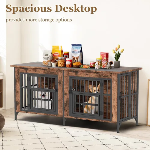 Vista 4 de Mueble de jaula para perros, jaula doble para perros con parte superior de almacenamiento y cuencos giratorios para alimentos, perrera decorativa