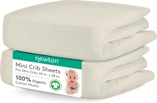 Vista 9 de Newton Baby Sábanas bajeras ajustables para mini cuna (paquete de 2) Sábanas de algodón de muselina orgánico, transpirables y suaves, sábanas