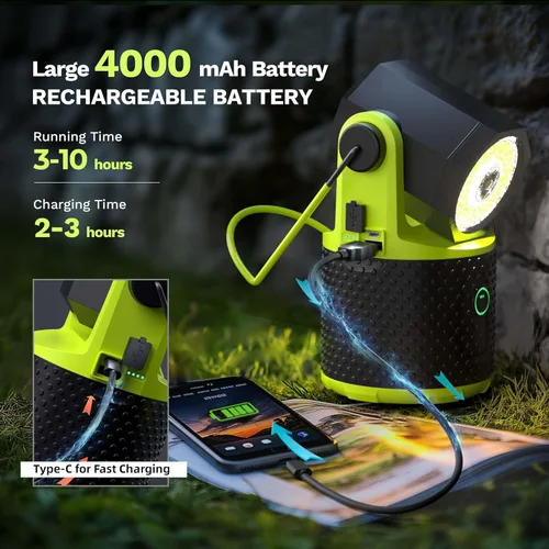 Vista 4 de CLAKAP Linterna LED para campamento, linterna recargable de 3000 lúmenes, linterna giratoria de 180°, luz de campamento portátil con cargador