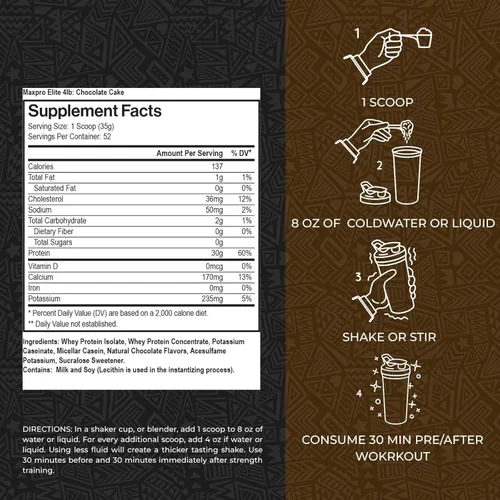 Vista 2 de Max Muscle Maxpro Elite - Proteína de suero de leche en polvo, 1.06 oz de proteína, 0.00 oz de azúcar, 0.16 onzas de BCAA de 0.23 oz, proteína