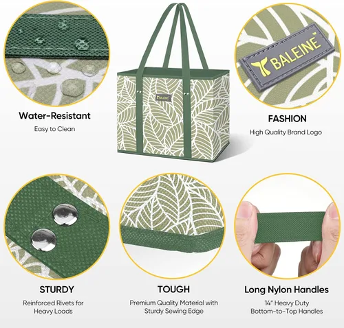 Vista 3 de BALEINE 1 paquete de bolsas reutilizables para comestibles, bolsas de compras plegables para comestibles con parte inferior reforzada y asas Follaje