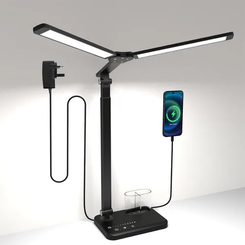 Vista 8 de Lámpara de escritorio Woputne, de doble cabeza, con puerto de carga USB inteligente A+C, 5 modos de color regulables, 2600 lúmenes, 12W