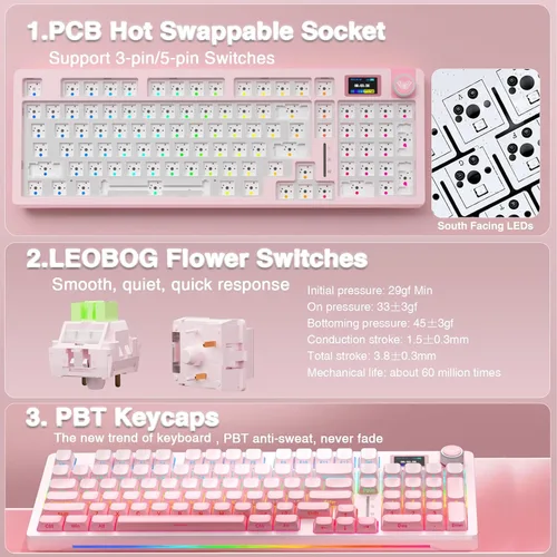 Vista 5 de AULA Teclado mecánico inalámbrico S98 Pro con pantalla y perilla, 2.4 GHzUSB-CBT5.0 Teclado cremoso rosa intercambiable en caliente, interruptores