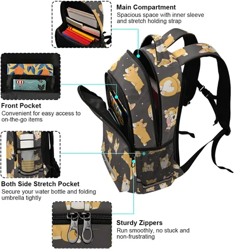 Vista 5 de RunningBear Mochila para niños y niñas, ligera, con correa para estudiantes, escuela primaria, 15#Corgi, Mochilas Daypack