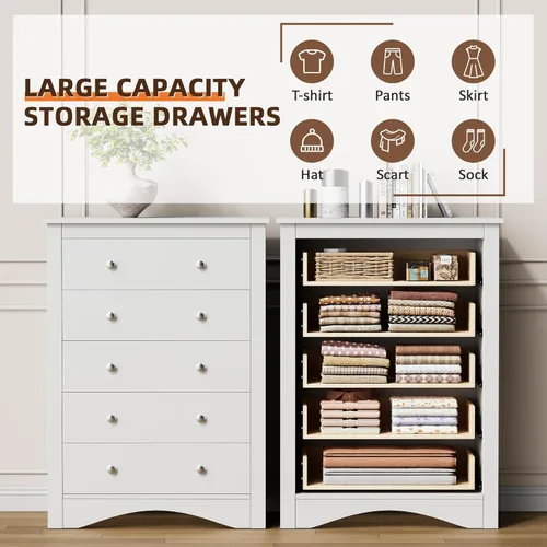 Vista 12 de Flamaker Cómoda alta para dormitorio, cómoda de 5 cajones, cómoda de madera, cómoda ancha, cajones de almacenamiento, organizador de almacenamiento