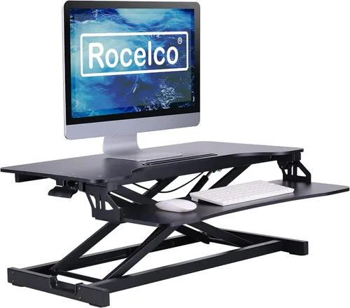 Vista 21 de Rocelco Convertidor de escritorio de pie con soporte para monitor doble, elevador de mesa de 31.5 pulgadas con soporte para tableta, estación