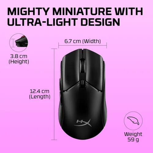 Vista 3 de HyperX Pulsefire Haste 2 Mini - Ratón inalámbrico para juegos para PC compacto y ligero Bluetooth 2.4GHz Negro