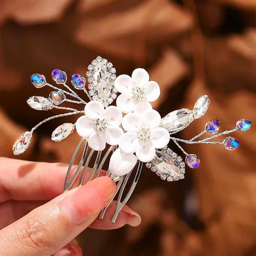 Catery Peine para el cabello de boda con diseño de flores para novia, color plateado, pequeño peine lateral azul, accesorios de joyería para mujeres