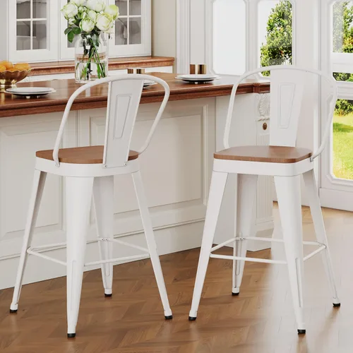 ALISH Juego de 2 taburetes de bar industriales de 24 pulgadas, taburetes de bar de metal con respaldo alto y asiento grande de madera, taburetes de