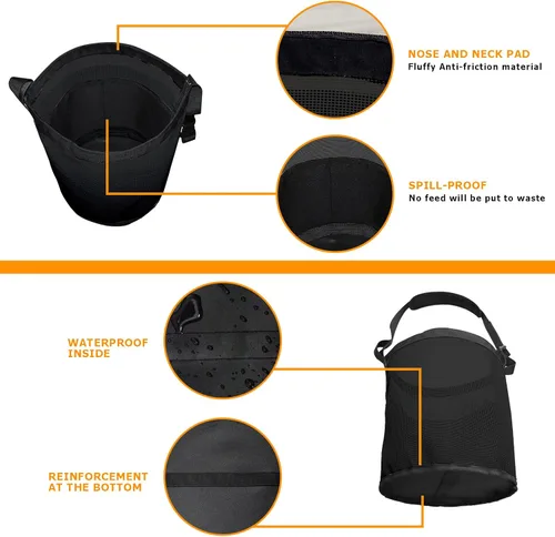 Vista 5 de Bolsa de alimentación para caballos, bolsa de malla de mejillón para caballos con correa ajustable, cómoda almohadilla para cuello y nariz, parte