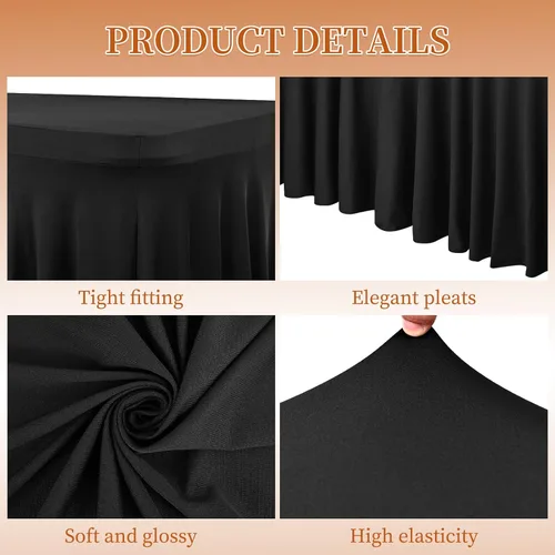 Vista 4 de Pesonlook Paquete de 2 faldas de mesa de elastano para mesas rectangulares de 6 pies, mantel elástico ajustable color negro, de 30 x 72 pulgadas