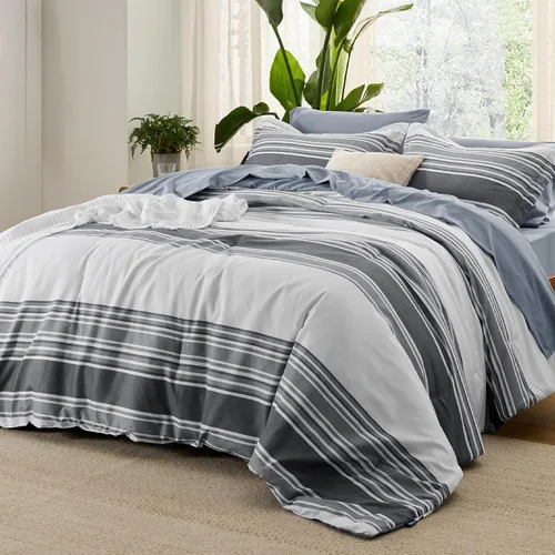Vista 33 de BEDSURE - Juego de edredón de 7 piezas, ropa de cama a rayas verde salvia para todas las estaciones, reversible, teñido catiónico, juego de ropa