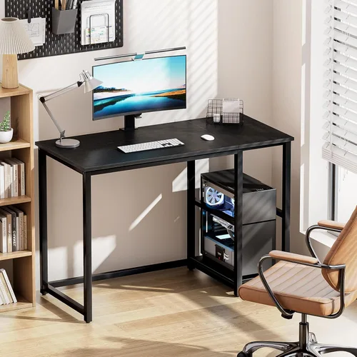 Vista 4 de SINPAID Escritorio para juegos de 40 pulgadas con estantes, escritorio negro para PC, escritorio de computadora pequeño, mesa de juegos moderna