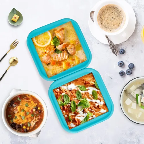 Vista 4 de Bandeja de silicona para congelar con tapa, 2 tazas, paquete de 2 recipientes para congelador, para congelar perfectamente, almacenar sopas