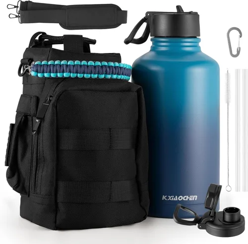 Vista 46 de KXIAOCHEN Botella de agua aislada, botella de agua de acero inoxidable, 2 tapas (con pajilla y tapa con asa), botellas de agua metálicas de boca