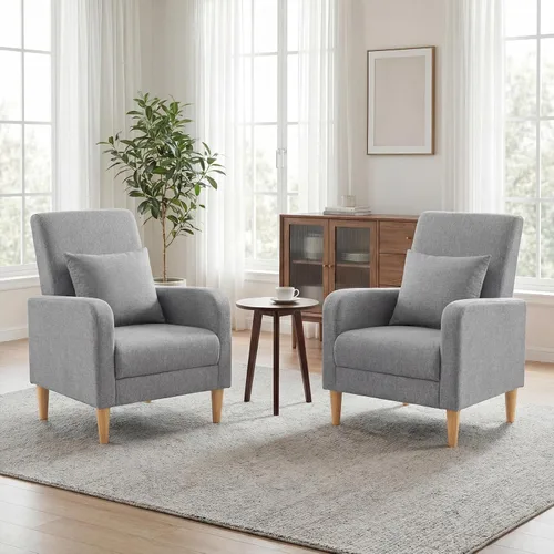 Vista 11 de COLAMY Silla decorativa moderna Mid-Century tapizada de tela con almohada trasera y patas de madera maciza, cómodo sillón para sala de estar Beige