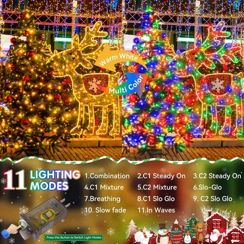 Vista 3 de Guirnalda de luces de Navidad de 403 pies para exteriores, 1000 luces LED con cambio de color, 11 modos y función de temporizador de memoria