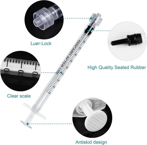 Vista 4 de Paquete de 30 jeringas Luer Lock de 0.0 fl oz sin aguja, jeringas de plástico de 1 cc selladas individualmente estériles con tapas de punta, sin